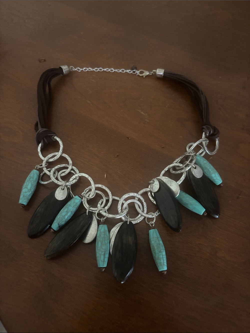 Boho Faux Turquoise & Wood Statement Necklace Chunky Silver Link Bib
